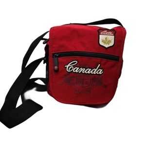 Vtg Roots Canada Y2K Bag Small Red Crossbody Satchel Maple Leaf & Beaver Emblem